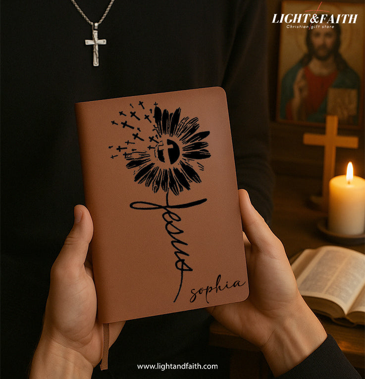 Personalized Christian Journal with Cross Flower Design, Custom Name Prayer & Faith Notebook, Religious Gift, First Communion Gifts, Birthday. NBLAF51